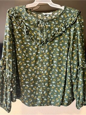 Sonoma Olive Green Floral Ruffle Tie Blouse